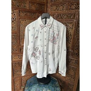 80's Vintage Floral Embroidered Button Down Blouse Cream Small
